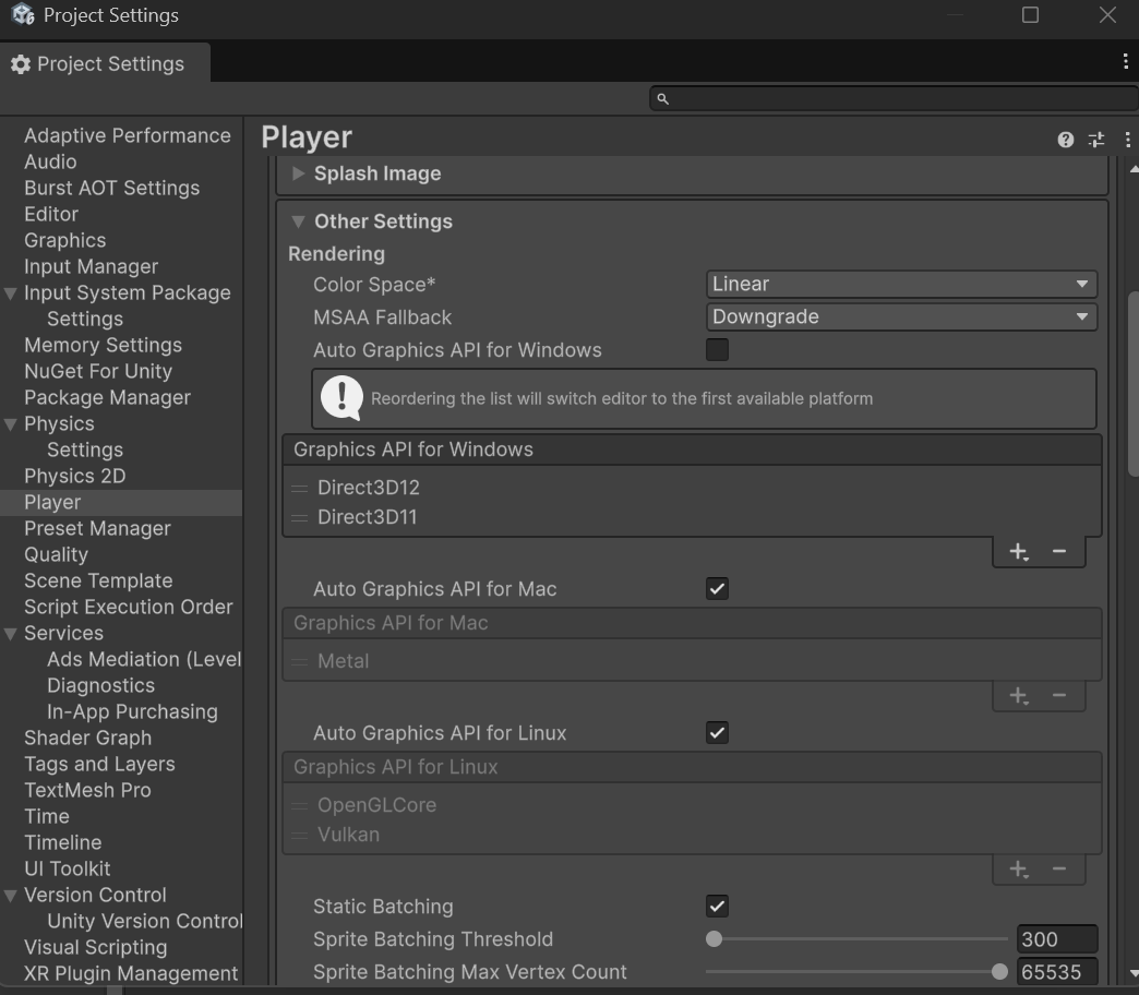 Windows Graphics API settings screen
