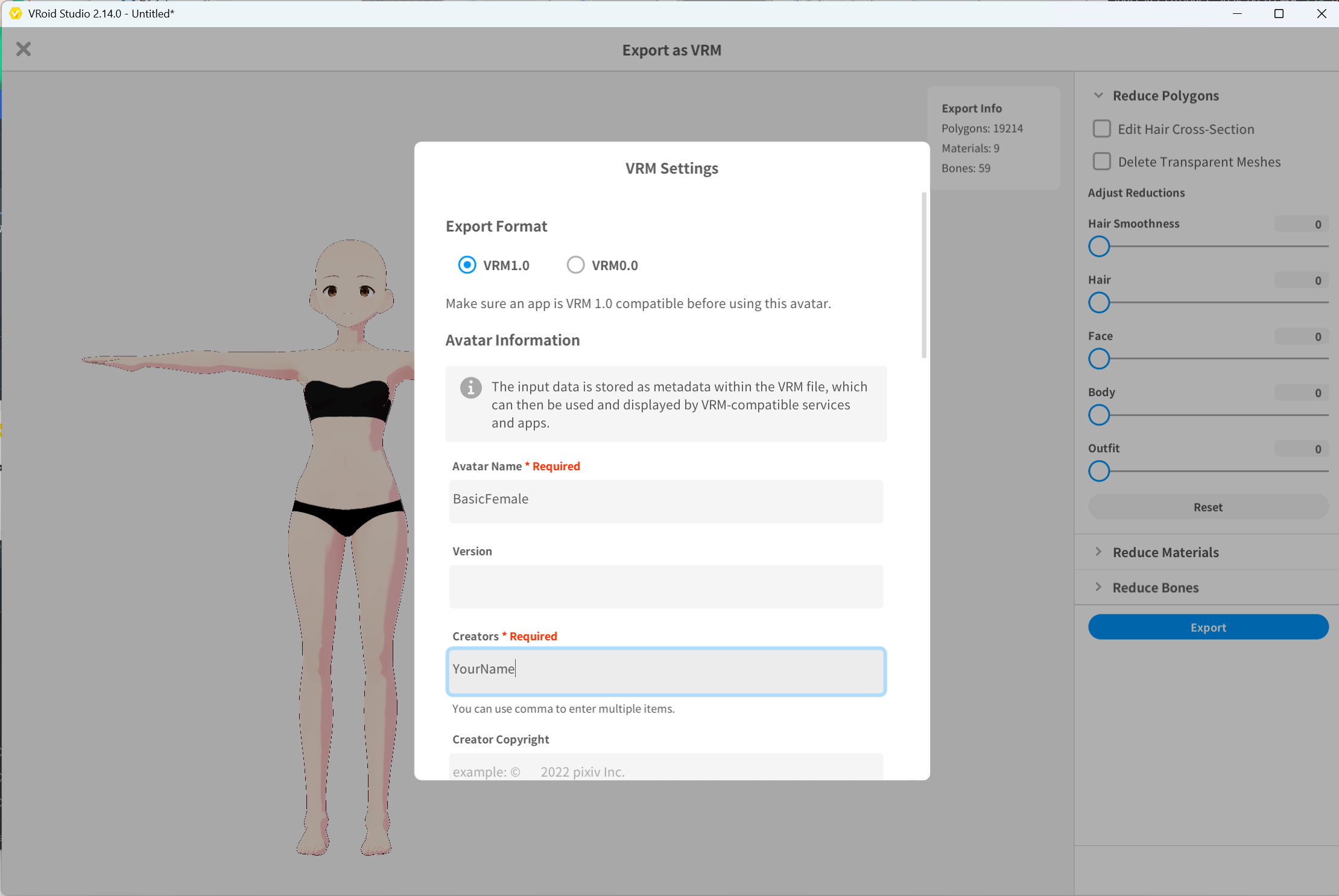 VRM 1.0 export settings (BasicFemale)