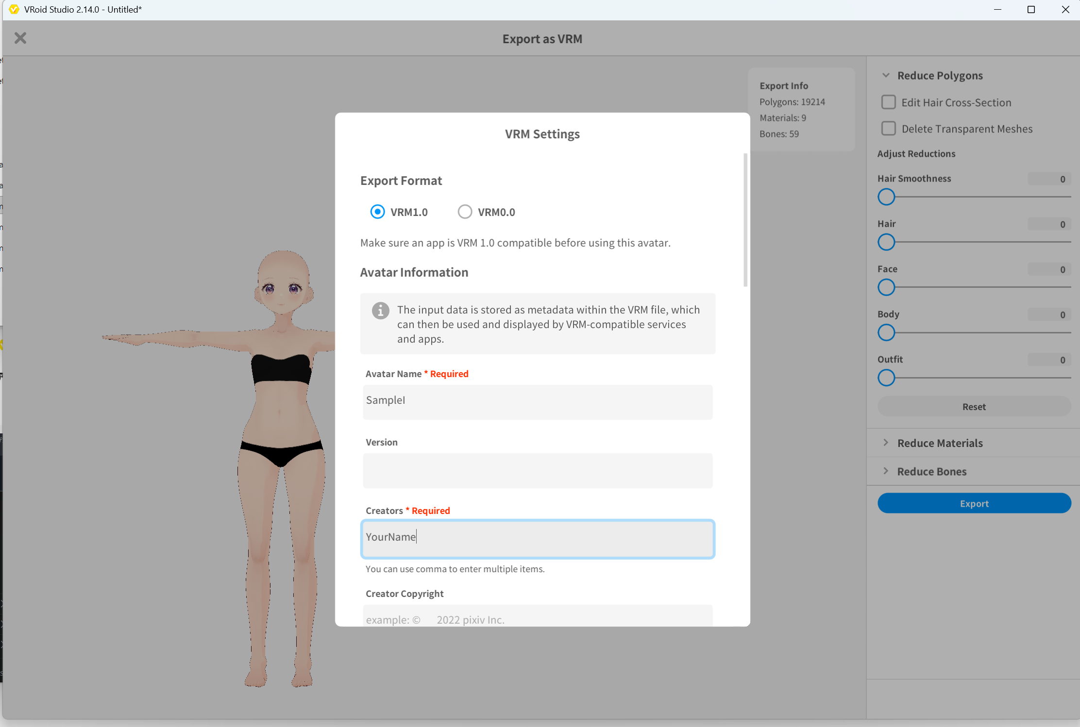 VRM 1.0 export settings (SampleI)