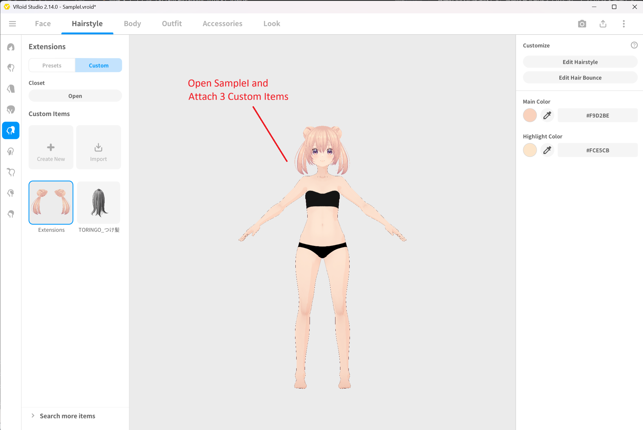 Equipping 3 custom hair items on SampleI