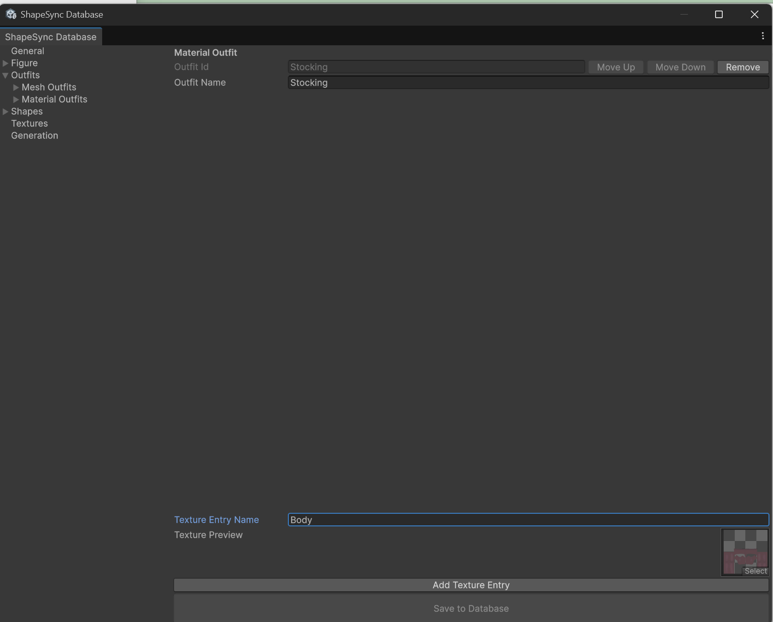Specifying Texture Entry Name and Texture Preview