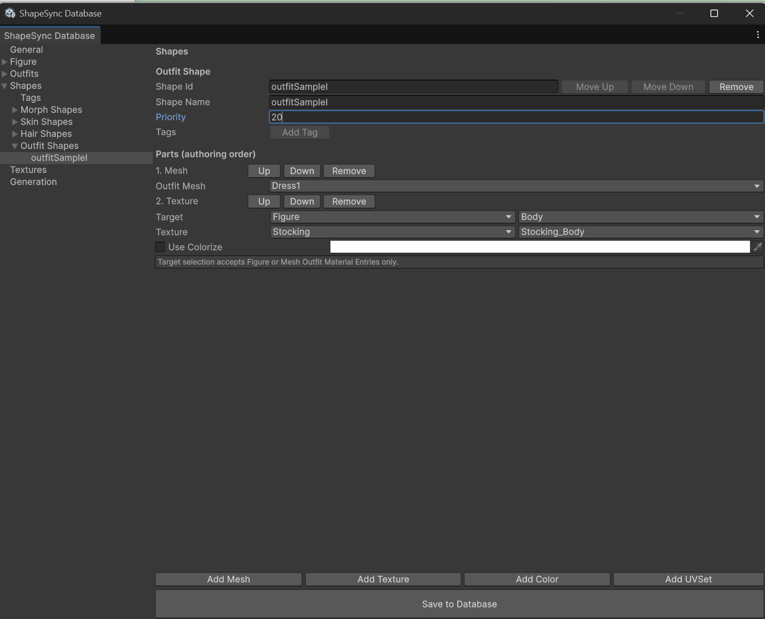 Configuring and saving Outfit Shape outfitSampleI