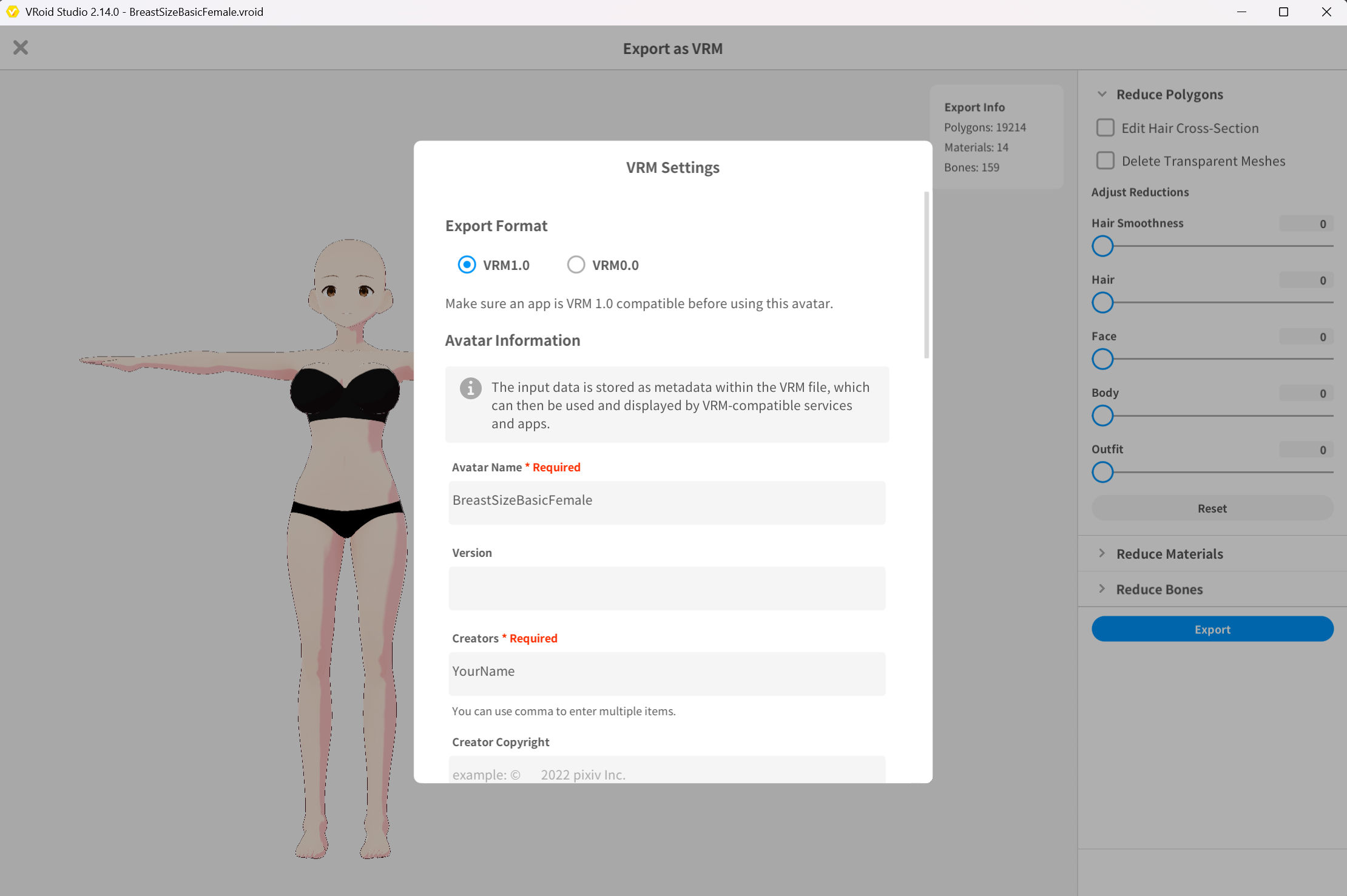 Checking VRM export settings for BreastSizeBasicFemale