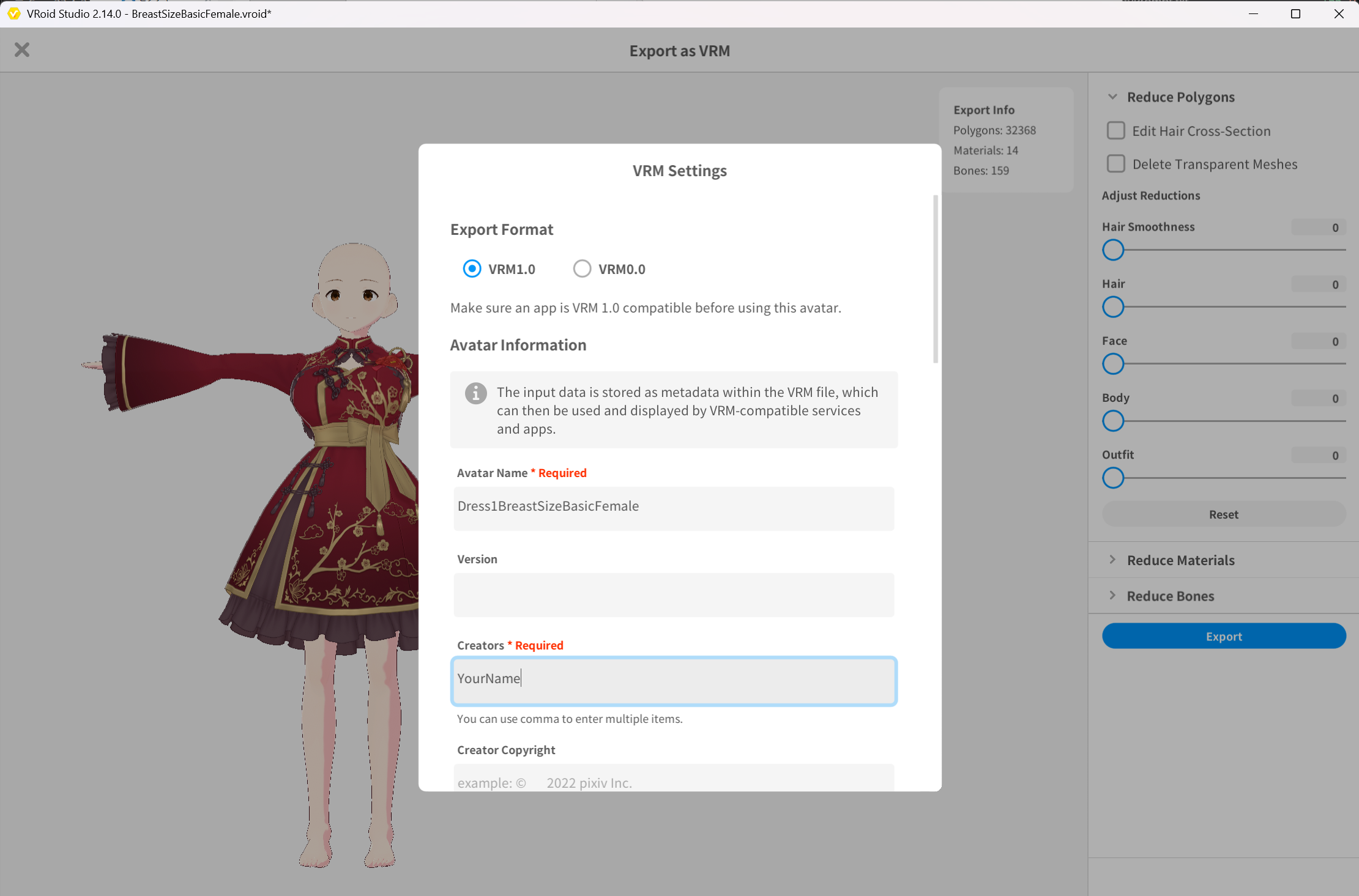 Checking VRM export for Dress1BreastSizeBasicFemale