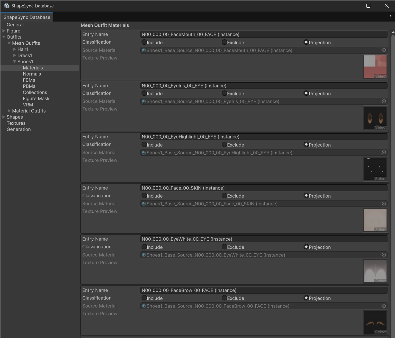 Shoes1 Materials settings (Classifying body materials as Projection)