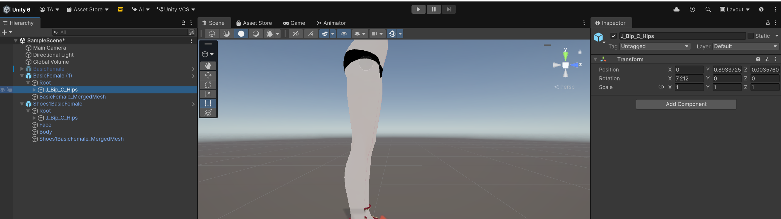 Placing Collection base body and comparison shoe Prefab in Scene