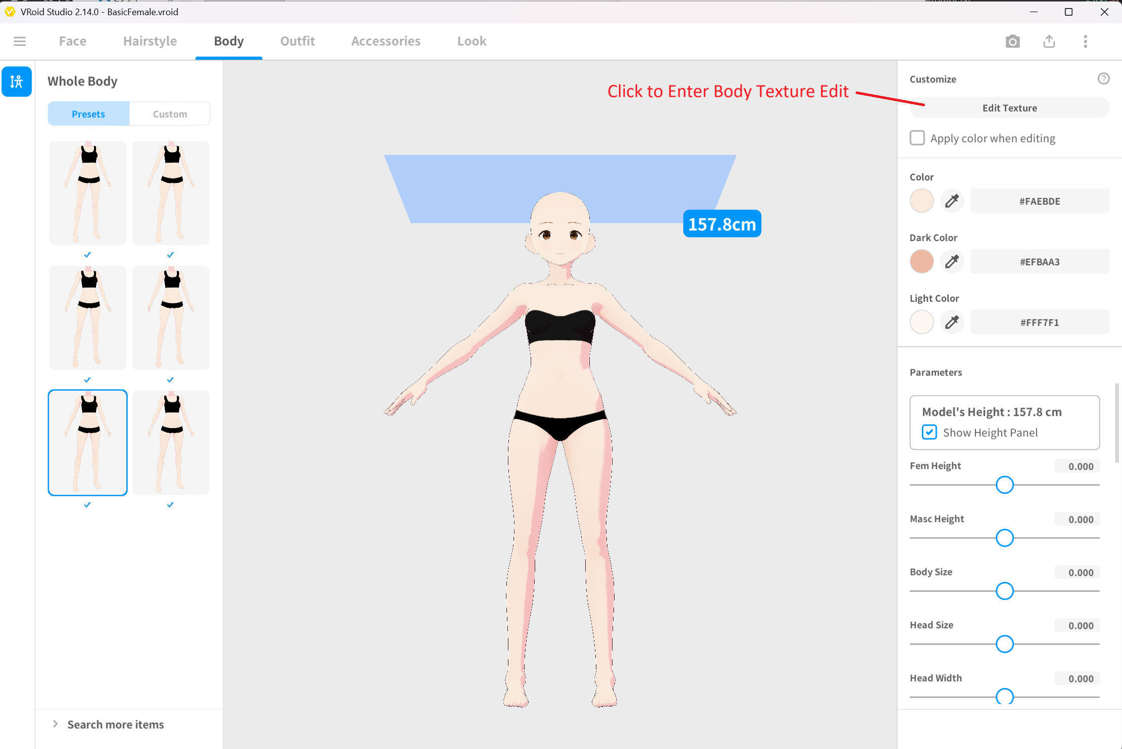 Opening texture editing for Body in VRoid Studio