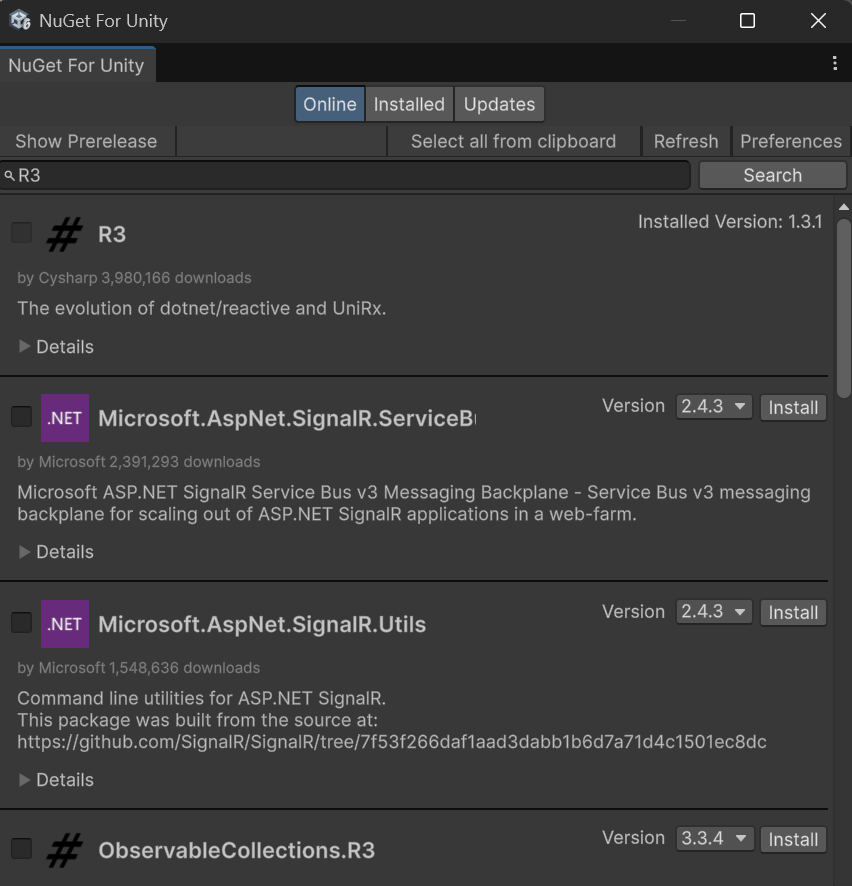 NuGet Package Manager 画面での R3 インストール