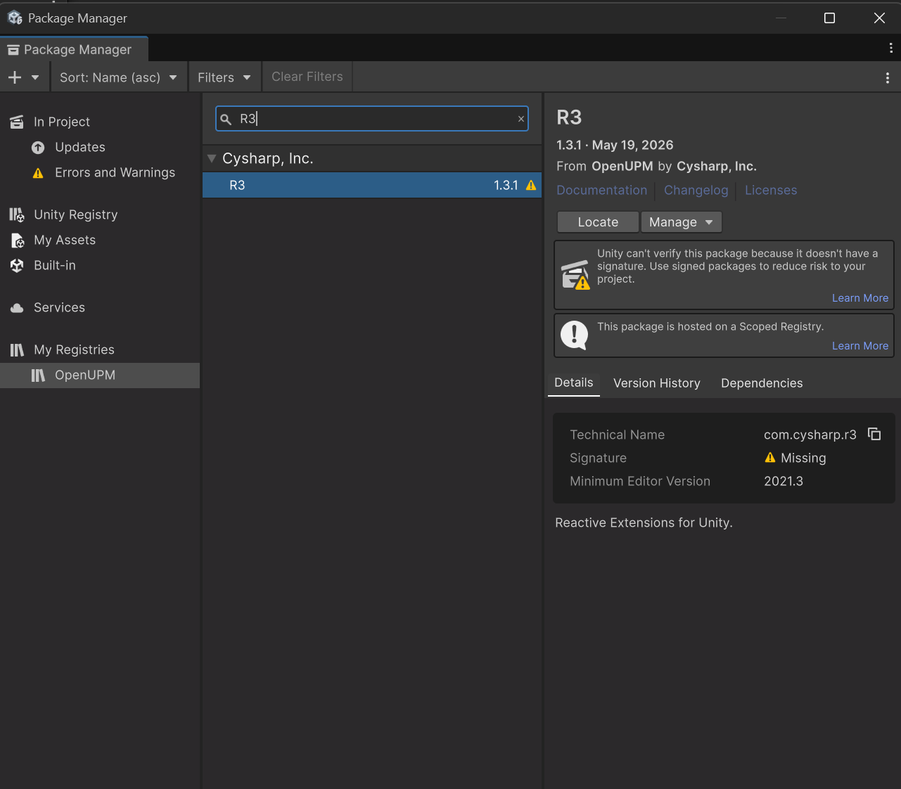 Package Manager での R3 Unity Adapter の追加