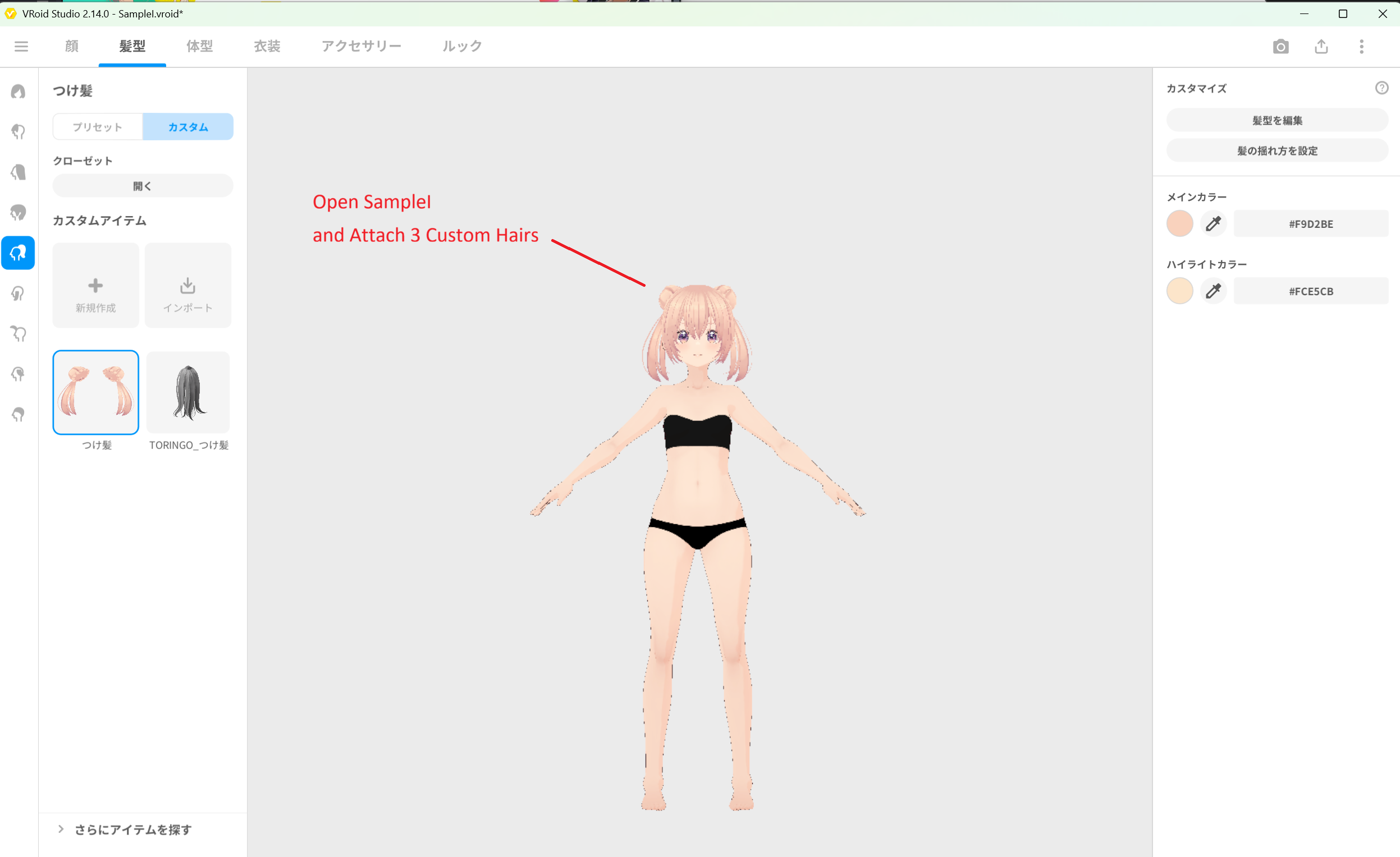 SampleI に 3 つのカスタムヘアを着用