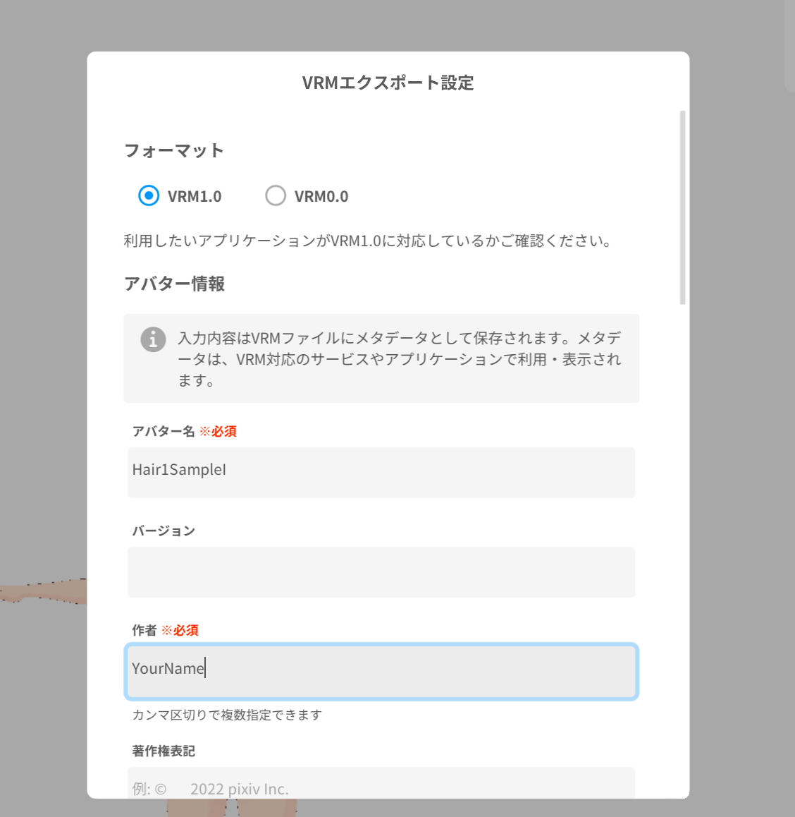 Hair1SampleI のエクスポート設定