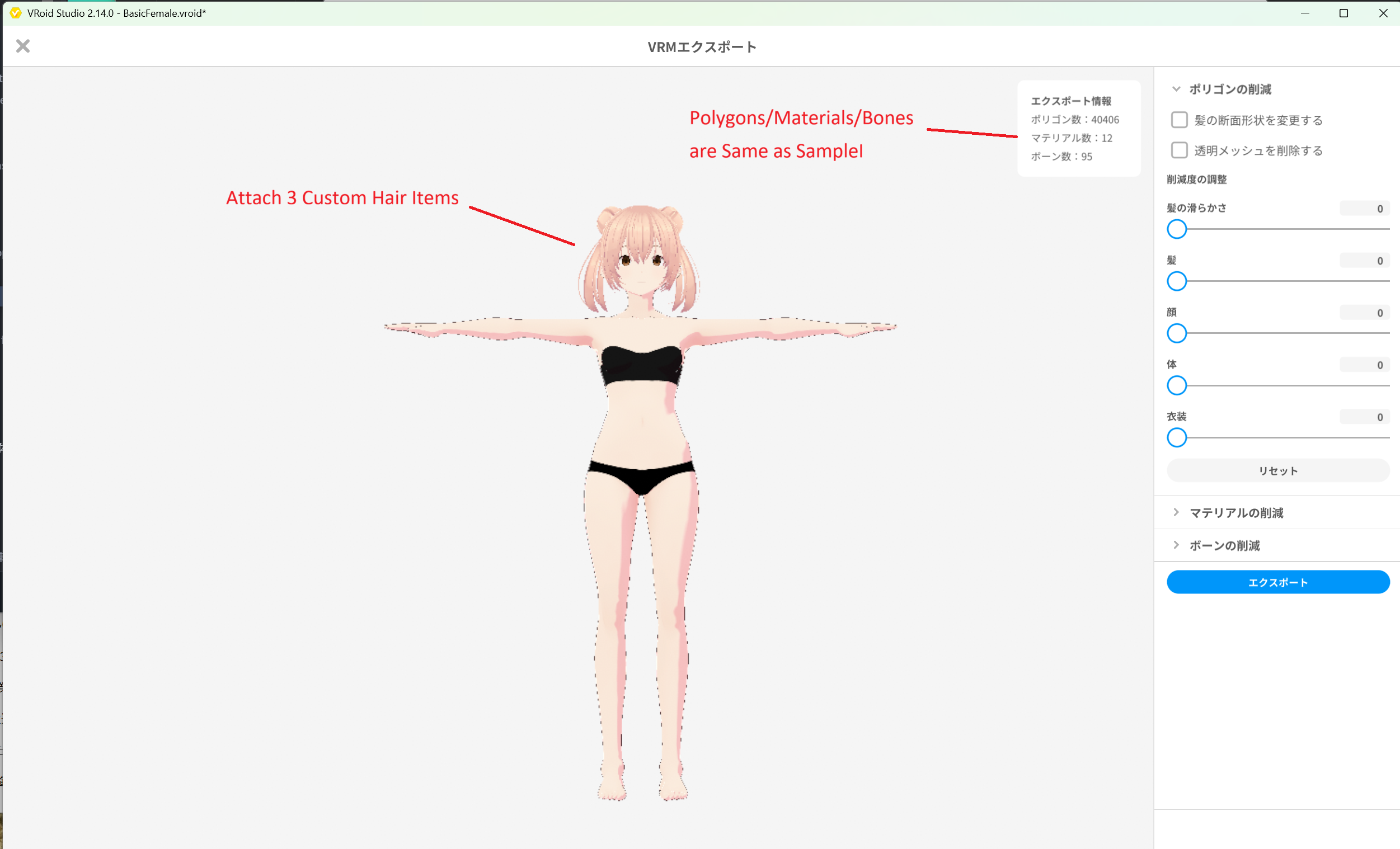 Hair1BasicFemale のエクスポート情報確認